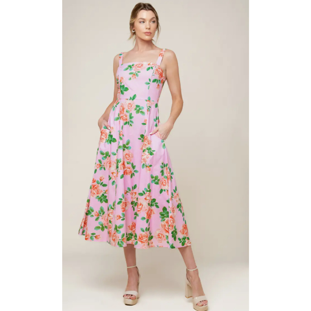 Flying Tomato Pink Rose Print A-Line Spaghetti Strap Midi Dress Size Large